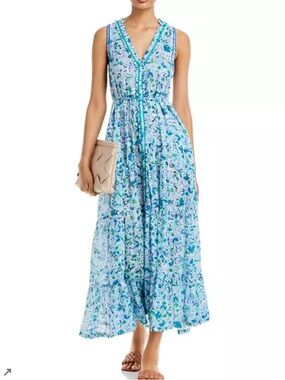 Poupette St. Barth Nana Floral Print Maxi Dress Blue Green size Medium